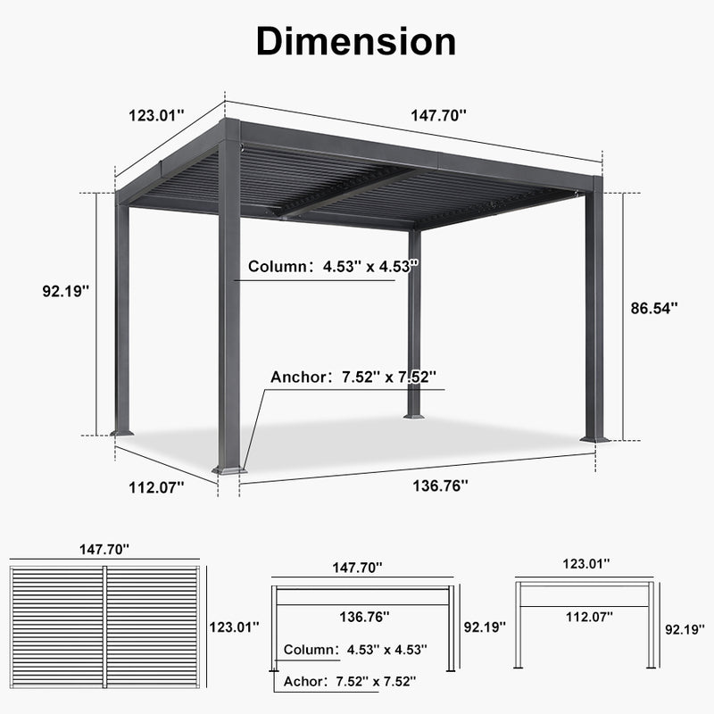 PURPLE LEAF Solar Louvered Pergola with LED Strip Lights and Control Panel Aluminum Outdoor Pergola with Adjustable Roof for Patio Deck Garden Yard Gray