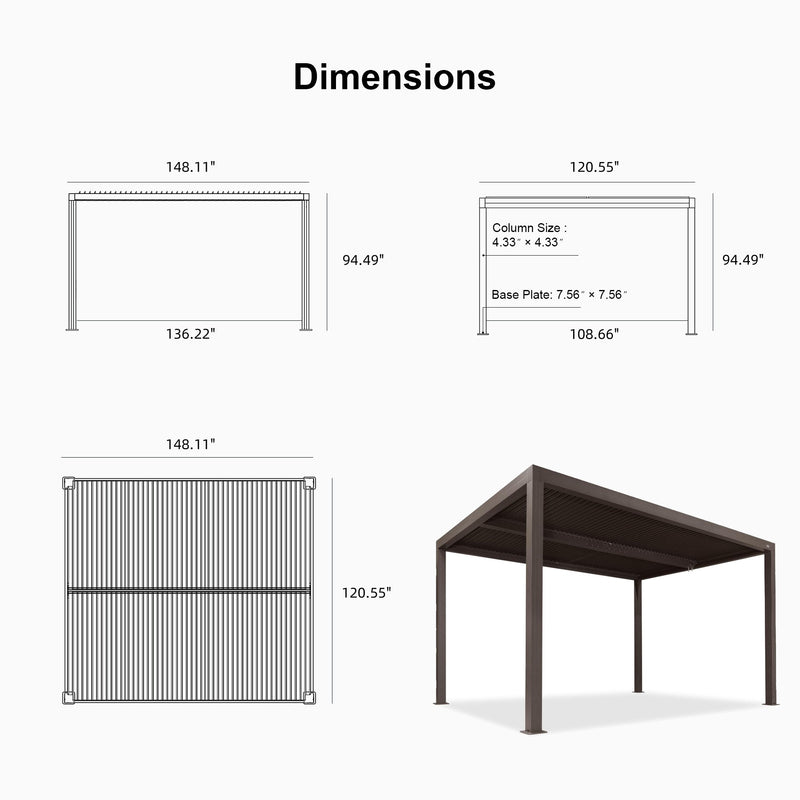 PURPLE LEAF Athena Louvered Pergola Bronze Outdoor Aluminum Pergola with Roller Blind Adjustable Gazebo for Patio Deck Garden