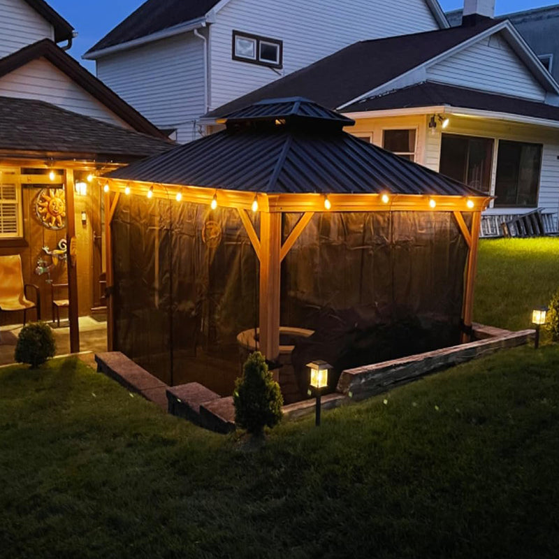 PURPLE LEAF Hardtop Gazebo for Patio Wood Grain Galvanized Steel Frame Awning with Lights