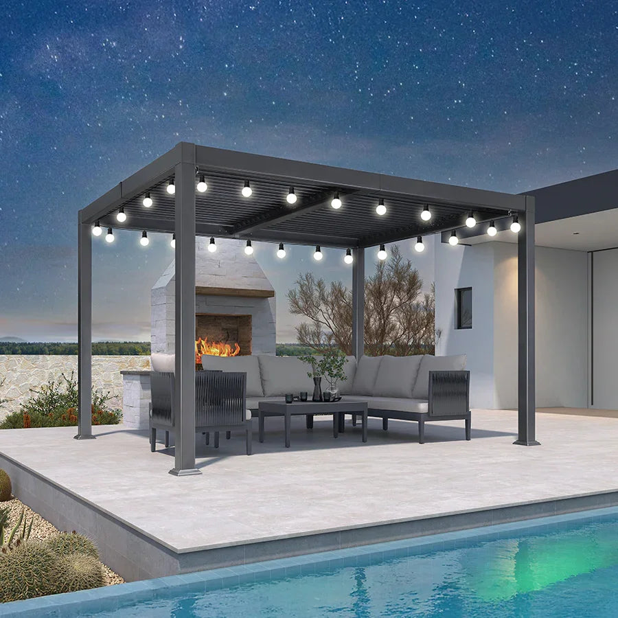 Caesar Louvered Pergola Milky String Lights Patio Aluminum Pergola Independent Adjustable Rainproof Roof Hardtop Pergola Outdoor Deck Garden Yard