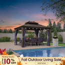 PURPLE LEAF Outdoor Hardtop Gazebo for Patio Bronze Aluminum Frame Pavilion with Navy-Blue Curtain and String Lights-clear