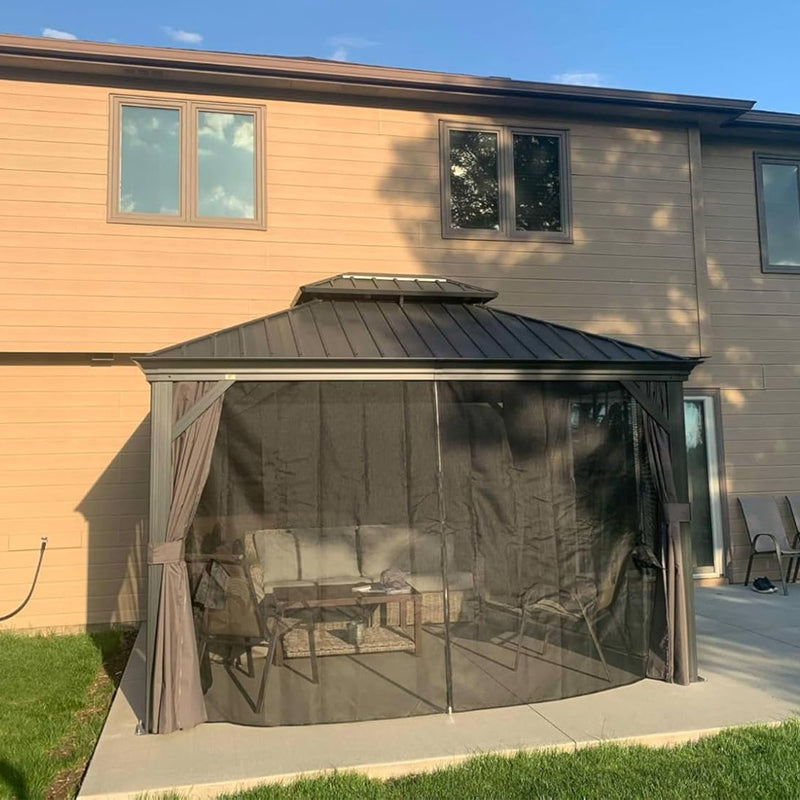 PURPLE LEAF Patio Gazebo for Backyard Grey Hardtop Galvanized Steel Roof Awning with Upgrade Curtain