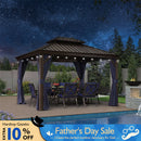 PURPLE LEAF Outdoor Hardtop Gazebo for Patio Bronze Aluminum Frame Pavilion with Navy-Blue Curtain and String Lights-milky