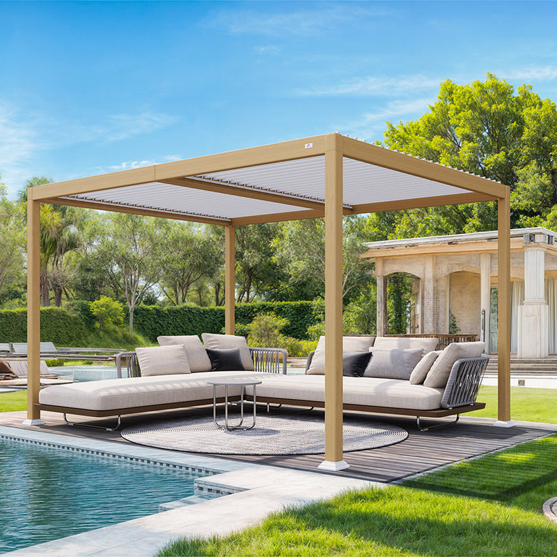 PURPLE LEAF Louvered Pergola Outdoor Wood Grain Aluminum Pergola with Adjustable Roof Patio Hardtop Gazebo for Backyard Garden