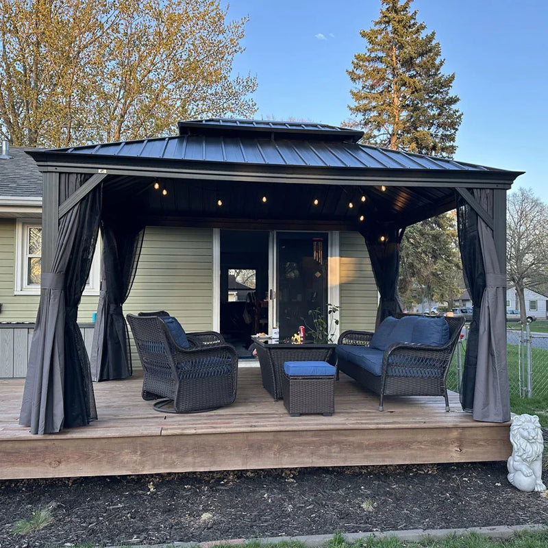 PURPLE LEAF Patio Gazebo for Backyard Grey Hardtop Galvanized Steel Roof Awning String Lights-milky
