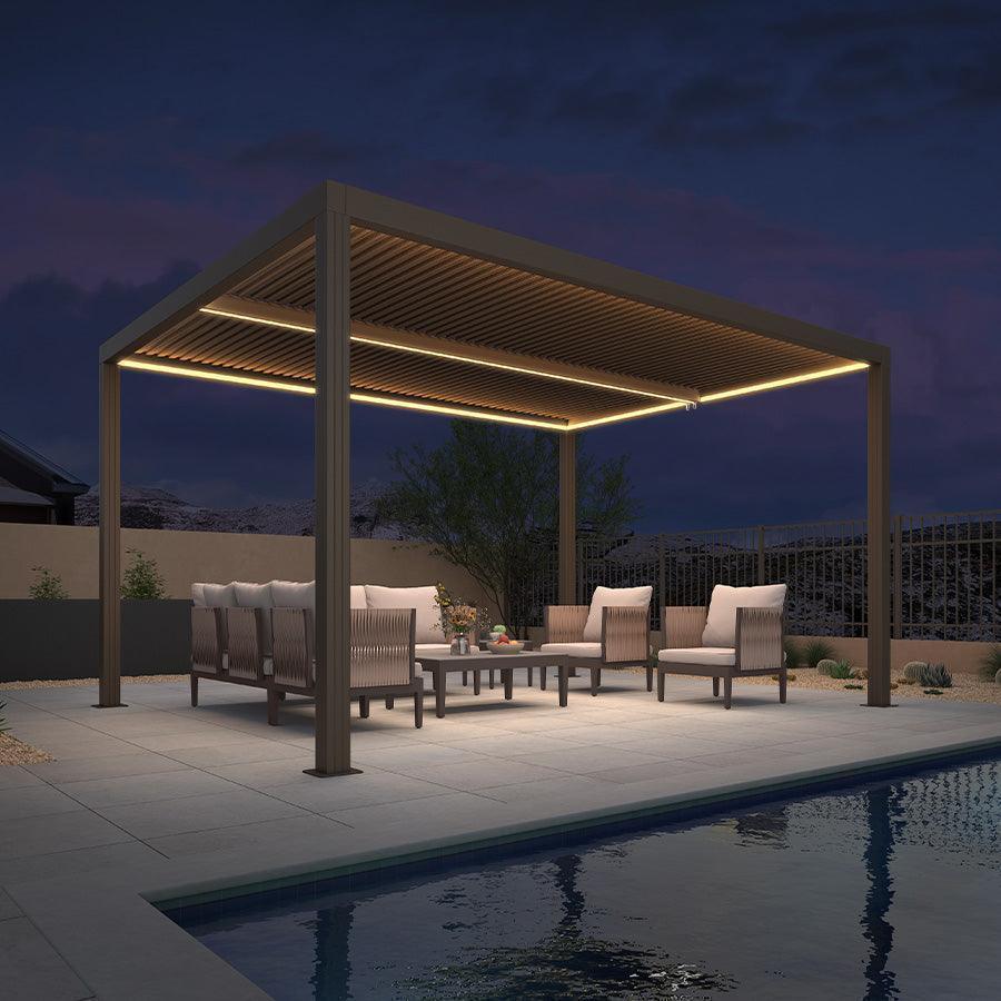 Athena Louvered Pergola Bronze Outdoor Aluminum Pergola Strip Lights Adjustable Gazebo Patio Deck Garden