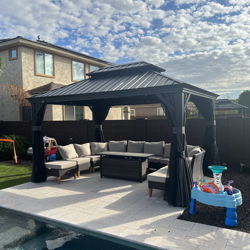 PURPLE LEAF Patio Gazebo for Backyard Grey Hardtop Galvanized Steel Roof Awning with Upgrade Curtain