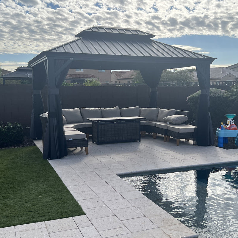 PURPLE LEAF Patio Gazebo for Backyard Grey Hardtop Galvanized Steel Roof Awning with String Lights-clear