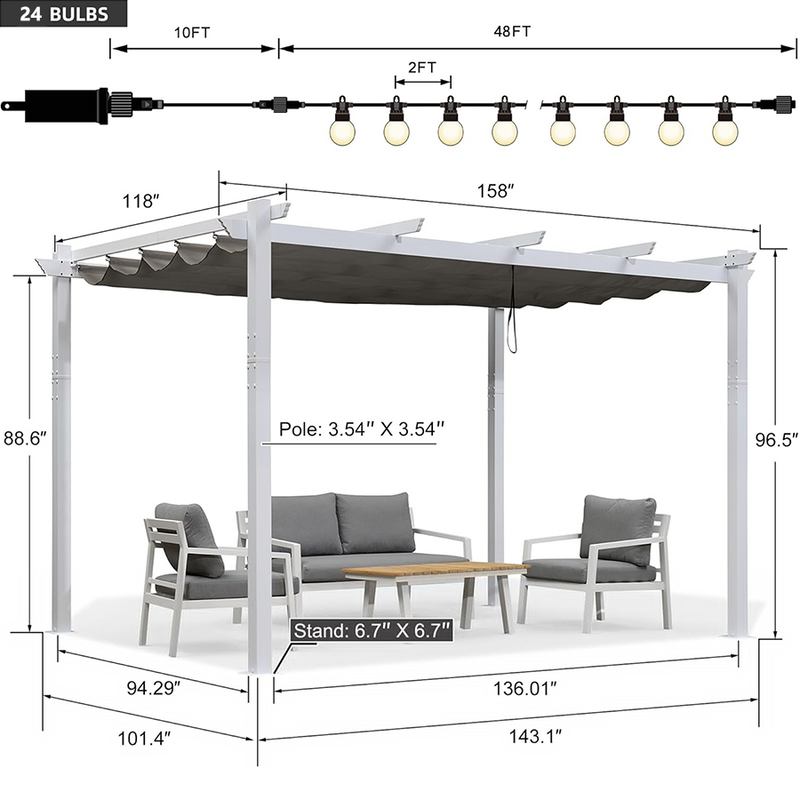 PURPLE LEAF Outdoor Retractable Pergola with Sun Shade Canopy Cover White Patio Metal Shelter for Garden With Lights