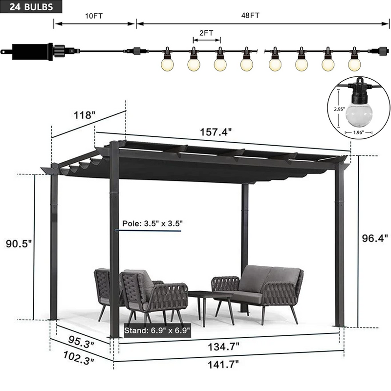 PURPLE LEAF Outdoor Retractable Pergola with Sun Shade Canopy Patio Aluminum Pergola With Lights