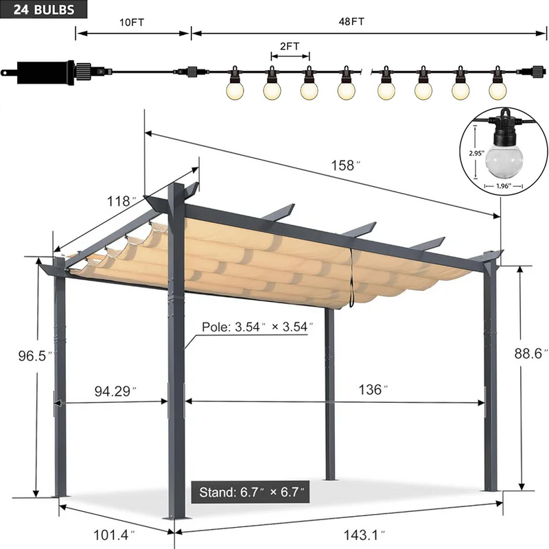 PURPLE LEAF Patio Retractable Pergola with Shade Canopy Modern Grill Gazebo Metal Shelter Pavilion for Porch Deck Garden Backyard With Curtains