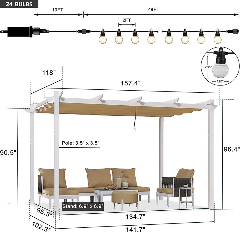 PURPLE LEAF Outdoor Retractable Pergola with Double Sun Shade Canopy White Heavy-Duty Aluminum Pergola Patio Modern Pergola With Lights