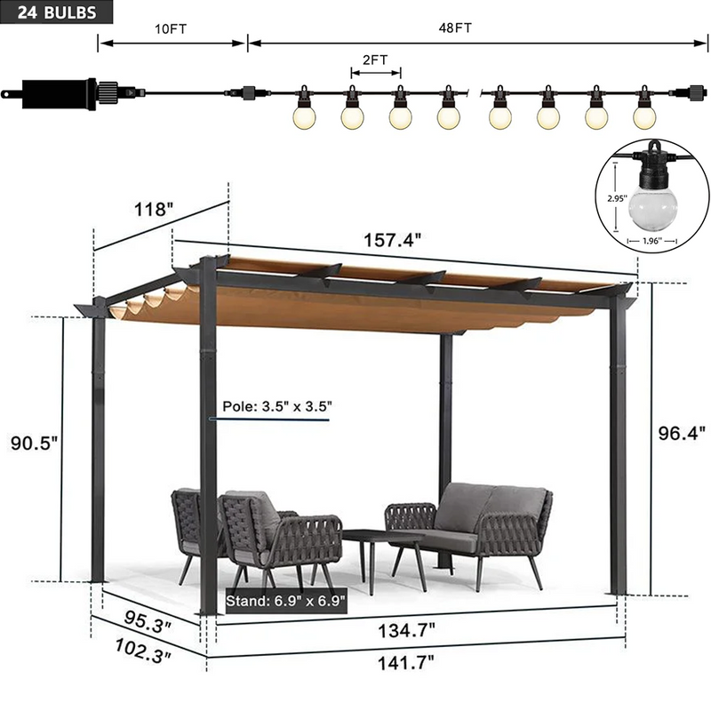 PURPLE LEAF Outdoor Retractable Pergola with Sun Shade Canopy Patio Aluminum Pergola With Lights