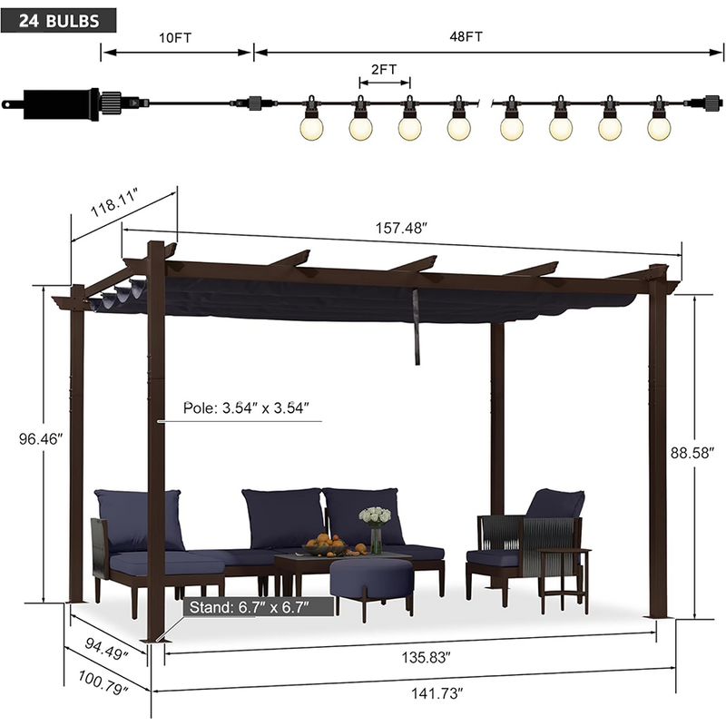 PURPLE LEAF Pergola Outdoor Retractable Metal Pergola with Canopy Patio Pergola with Shade Cover for Garden With Lights