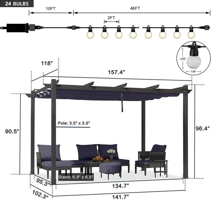 PURPLE LEAF Outdoor Retractable Pergola with Sun Shade Canopy Patio Aluminum Pergola With Lights