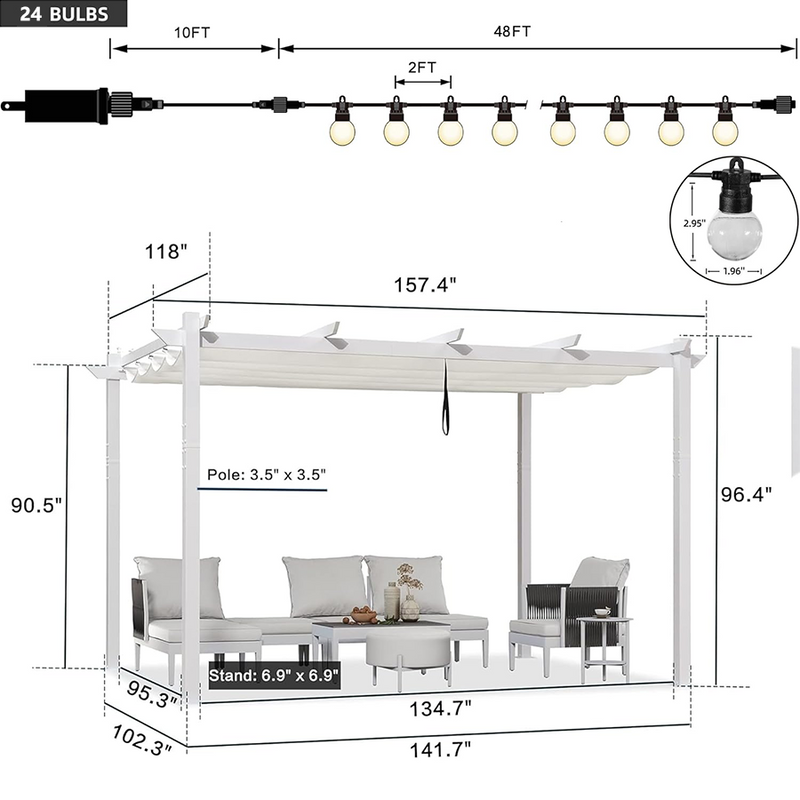 PURPLE LEAF Outdoor Retractable Pergola with Double Sun Shade Canopy White Heavy-Duty Aluminum Pergola Patio Modern Pergola With Lights