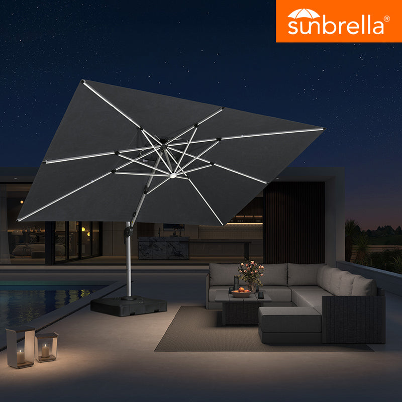 PURPLE LEAF Premium SUNBRELLA Patio Cantilever Umbrella with Solar LED Lights