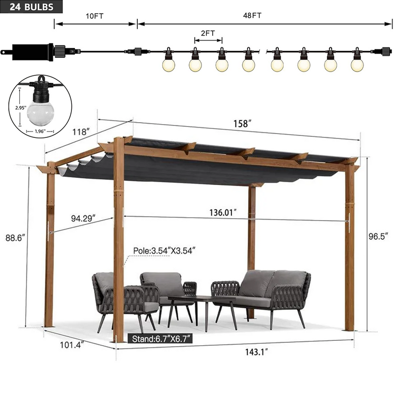 PURPLE LEAF Outdoor Retractable Pergola with Sun Shade Canopy In Natural Wood Grain Frame With Lights