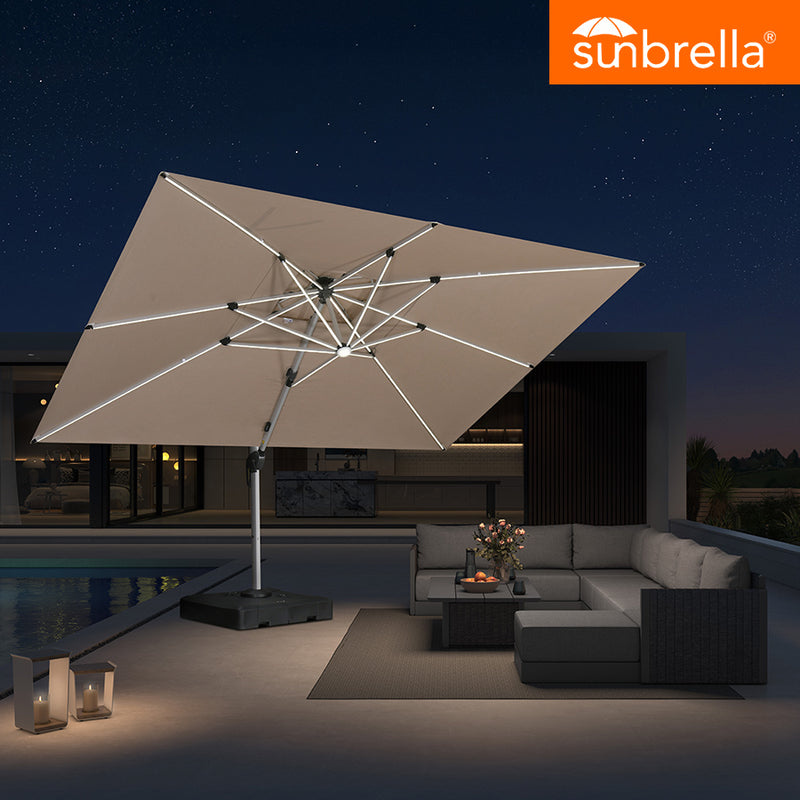 PURPLE LEAF Premium SUNBRELLA Patio Cantilever Umbrella with Solar LED Lights