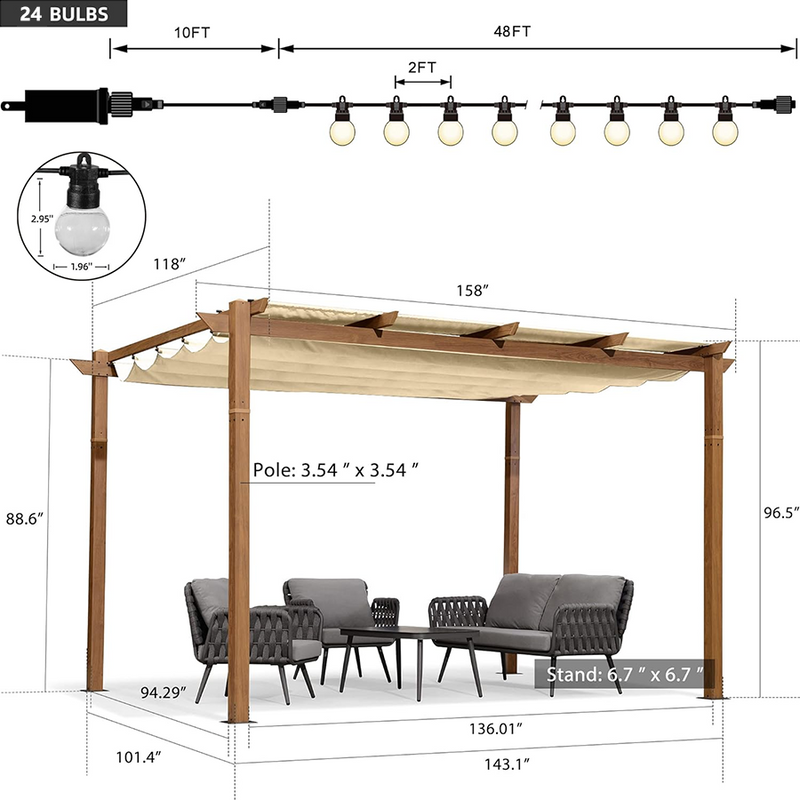 PURPLE LEAF Outdoor Retractable Pergola with Sun Shade Canopy In Natural Wood Grain Frame With Lights