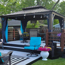 PURPLE LEAF Outdoor Hardtop Gazebo for Patio Bronze Aluminum Frame Pavilion with Navy-Blue Curtain and String Lights