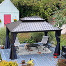 PURPLE LEAF Outdoor Hardtop Gazebo for Patio Bronze Aluminum Frame Pavilion with Navy-Blue Curtain and String Lights-clear