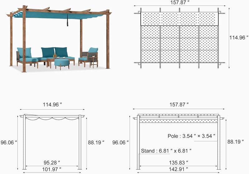 PURPLE LEAF Outdoor Retractable Pergola with Sun Shade Canopy Patio Metal Shelter for Garden Pavilion Natural Wood Grain Frame Grill Gazebo