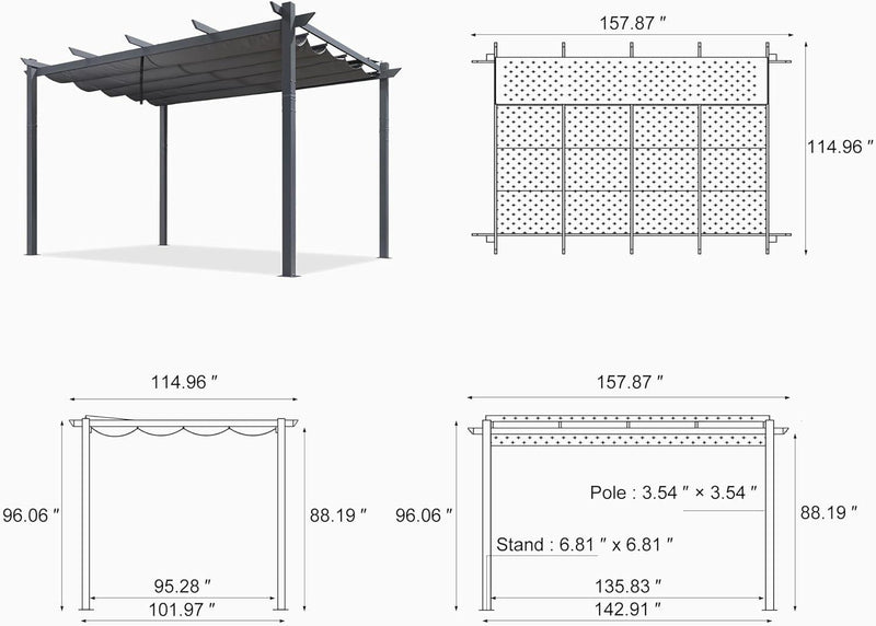 PURPLE LEAF Patio Retractable Pergola with Shade Canopy Modern Grill Gazebo Metal Shelter Pavilion for Porch Deck Garden Backyard Outdoor Pergola, Grey