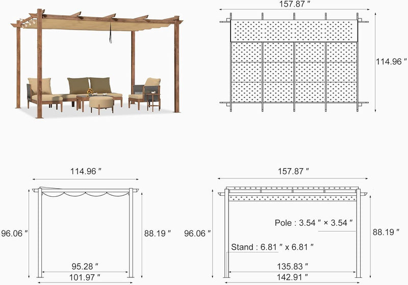 PURPLE LEAF Outdoor Retractable Pergola with Sun Shade Canopy Patio Metal Shelter for Garden Pavilion Natural Wood Grain Frame Grill Gazebo