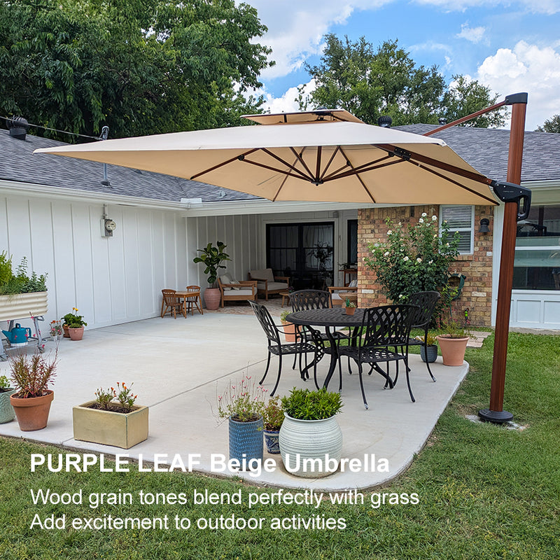 PURPLE LEAF 9 x 12 / 10 x 13 ft Rectangular Patio Umbrella Aluminum Cantilever Umbrella in Wood Color