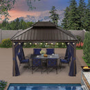 PURPLE LEAF Outdoor Hardtop Gazebo for Patio Bronze Aluminum Frame Pavilion with Navy-Blue Curtain and String Lights-clear