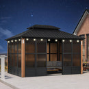 PURPLE LEAF Sunroom Hardtop Gazebo Solarium Wood Grain  Galvanized Steel Double Roof All-Weather Aluminum Outdoor Screen House with String Lights