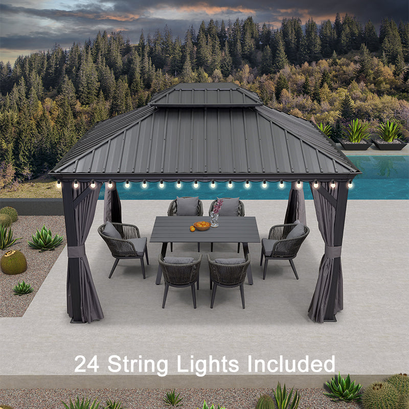 PURPLE LEAF Patio Gazebo for Backyard Grey Hardtop Galvanized Steel Roof Awning String Lights-milky