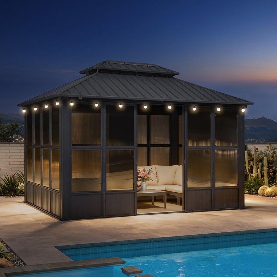 PURPLE LEAF Sunroom Hardtop Gazebo Solarium Grey Galvanized Steel Doub