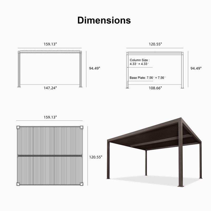PURPLE LEAF Outdoor Louvered Pergola Adjustable Metal Roof Bronze Hardtop Gazebo Patio Pavilion