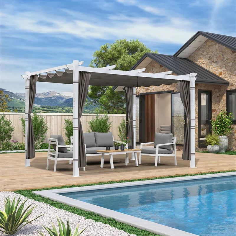 PURPLE LEAF Outdoor Retractable Pergola with Sun Shade Canopy Cover White Patio Metal Shelter for Garden With Curtains