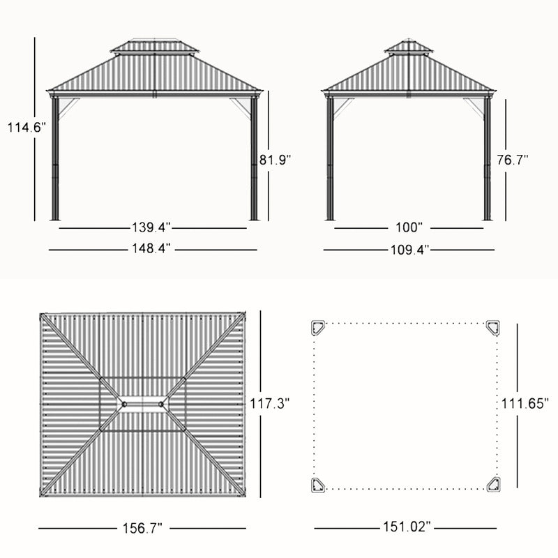 PURPLE LEAF Patio Gazebo for Backyard Grey Hardtop Galvanized Steel Roof Awning with String Lights-clear