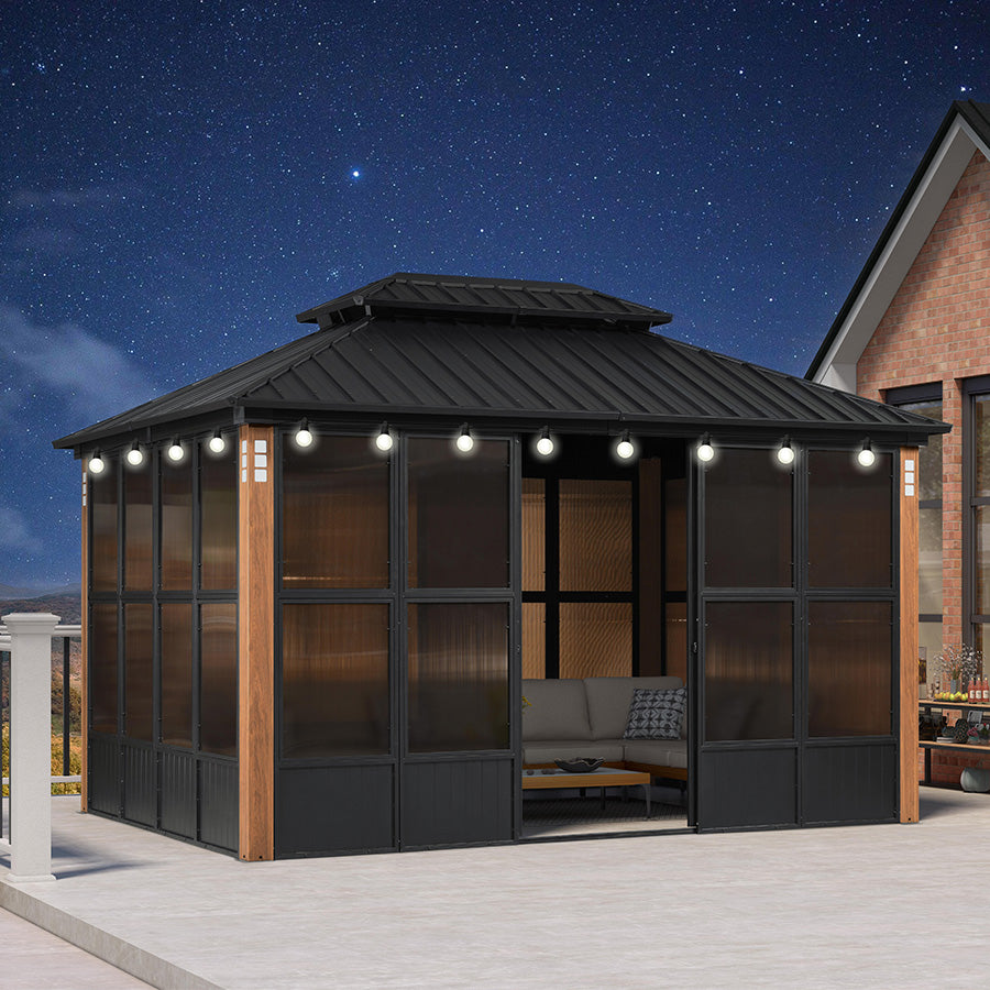 PURPLE LEAF Sunroom Hardtop Gazebo Solarium Wood Grain Galvanized Stee