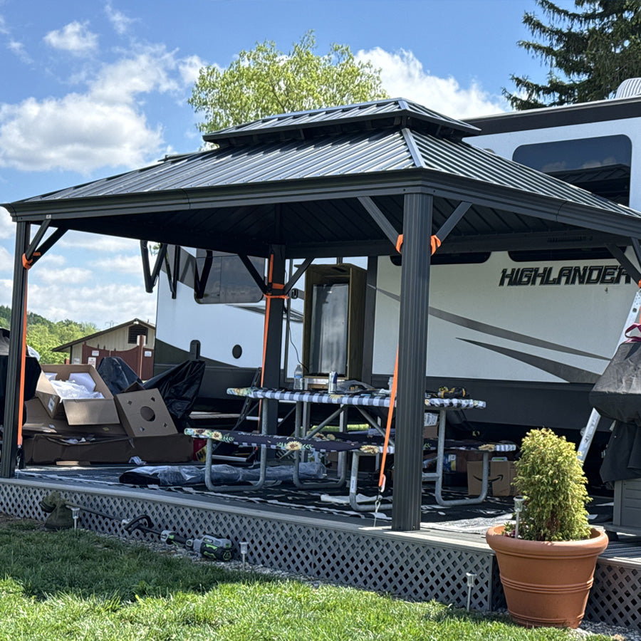 Hardtop Patio Gazebo | Galvanized Roof, Curtains & Lights