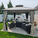 PURPLE LEAF Deck Gazebo Champagne Hardtop Metal Frame Double Roof with Curtains and Netting with Lights-milky