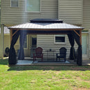 PURPLE LEAF Metal Gazebo Double Roof Wood Grain Aluminum Frame with Curtains and Netting with Lights-milky