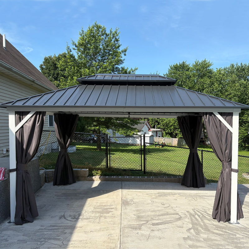 PURPLE LEAF Patio Hardtop Gazebo for Outdoor Grey Galvanized Steel Double Roof White Aluminum Poles with Curtains and Netting