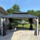 PURPLE LEAF Patio Hardtop Gazebo for Outdoor Grey Galvanized Steel Double Roof White Aluminum Poles with Curtains and String Lights-clear