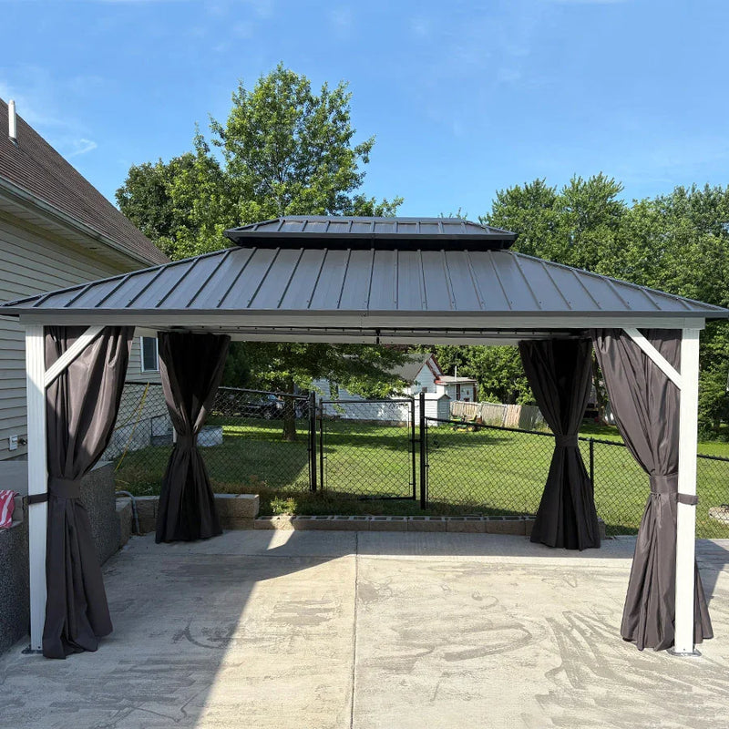 PURPLE LEAF Patio Hardtop Gazebo for Outdoor Grey Galvanized Steel Double Roof White Aluminum Poles with Curtains and String Lights-clear