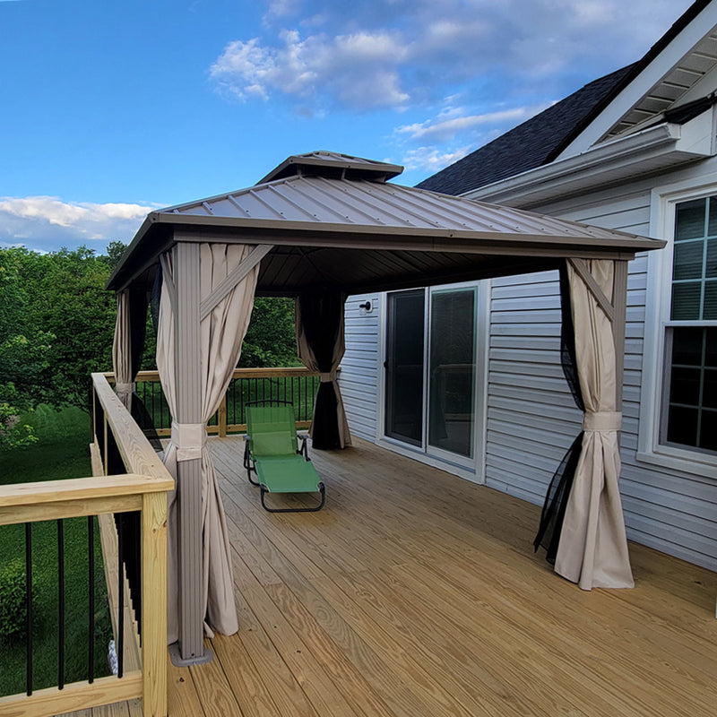 PURPLE LEAF Outdoor Hardtop Gazebo Champagne Metal Frame Galvanized Steel Double Roof with Curtains and Netting for Poolside