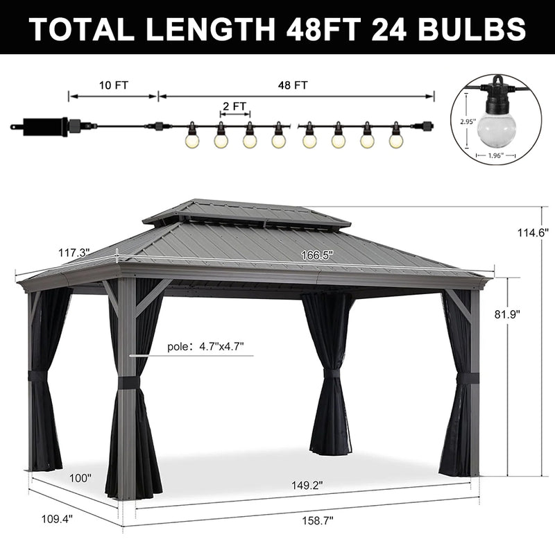 PURPLE LEAF Patio Gazebo for Pool Light Grey Hardtop Galvanized Steel Roof with String Lights