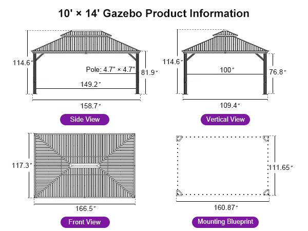 PURPLE LEAF Hardtop Gazebo for Patio Wood Grain Galvanized Steel Frame Awning with Lights