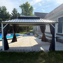 PURPLE LEAF Modern Gazebo Grey Hardtop Galvanized Steel Double Roof White Aluminum Poles with Curtains and Netting with Lights-clear