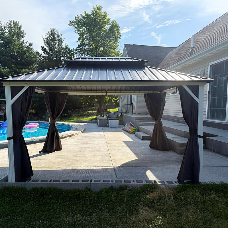 PURPLE LEAF Modern Gazebo Grey Hardtop Galvanized Steel Double Roof White Aluminum Poles with Curtains and Netting with Lights-clear