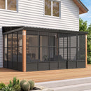 PURPLE LEAF Wall Mounted Sunroom Galvanized Steel Sloped Roof Lean-to Enclosed Aluminum Grey Frame Wood Grain Columns for Outdoor Home Extension